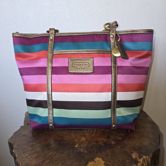 Coach Legacy Multicolor Stripe Sateen Tote Shoulder Bag F14009 Metallic Trim - Picture 13 of 16